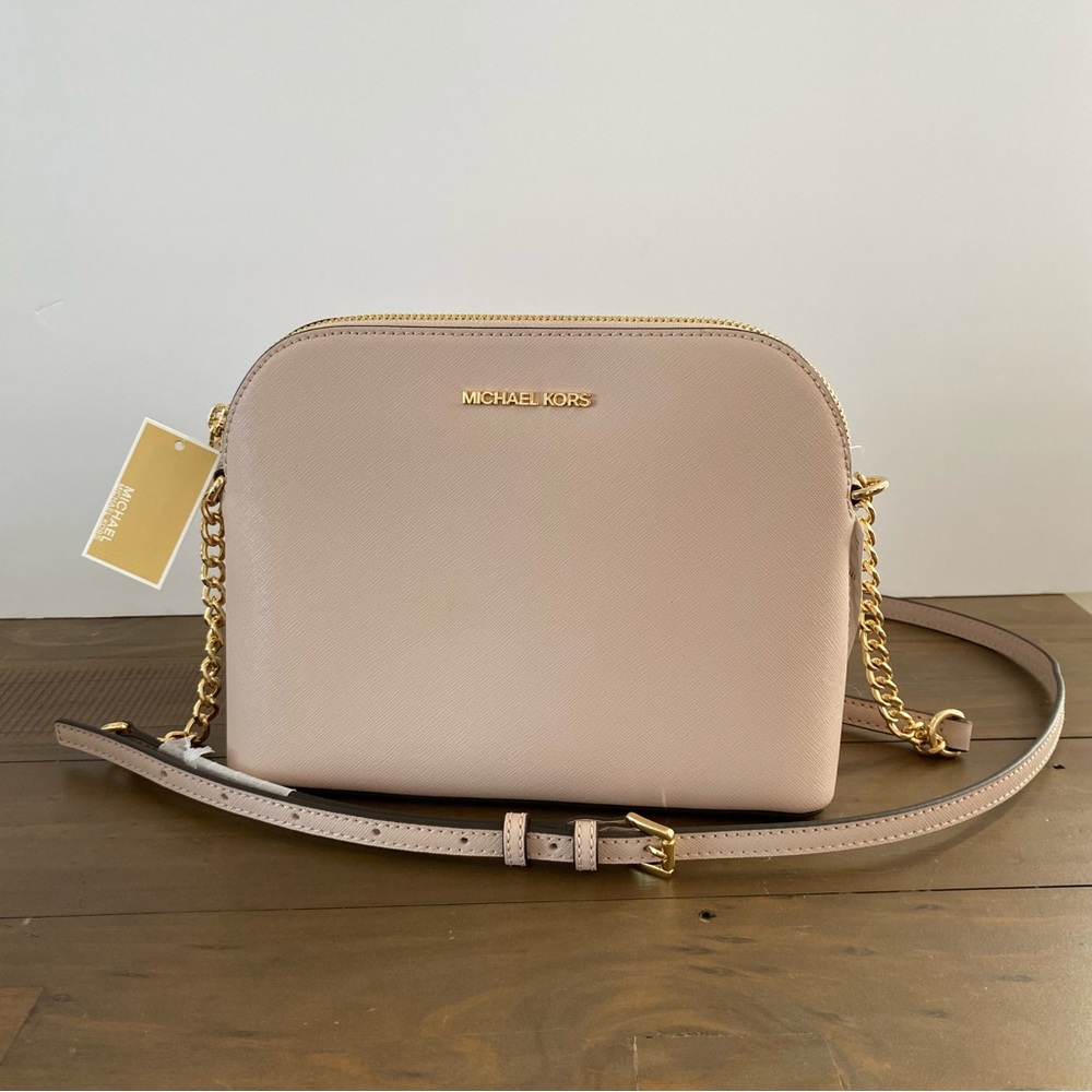 NWT Michael Kors Cindy Saffiano Leather Pastel Pink Blush Gold Chain Cro…